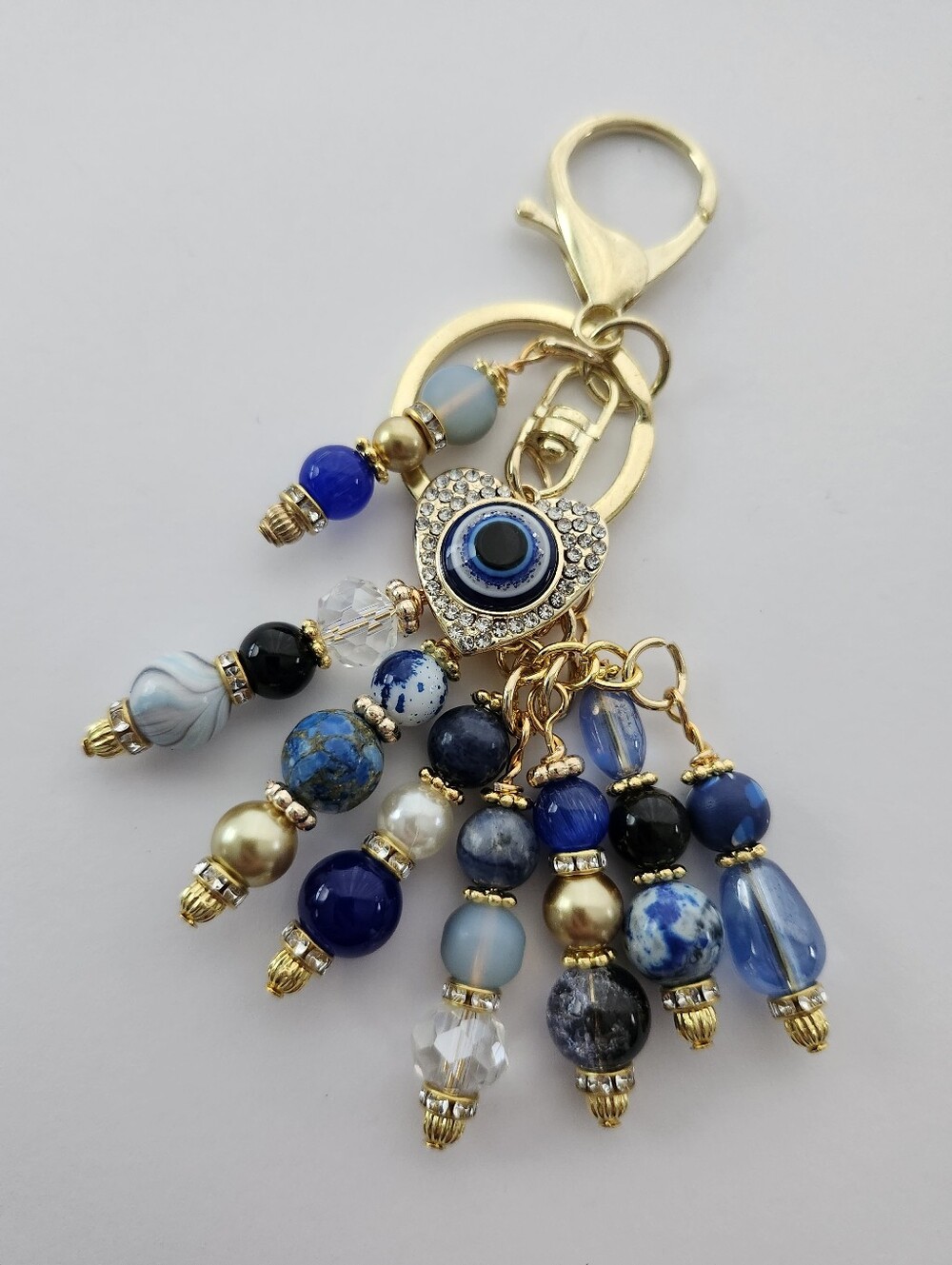 Evil Eye Purse Charm of Keychain Sodalite Jasper Obsidian Handcrafted